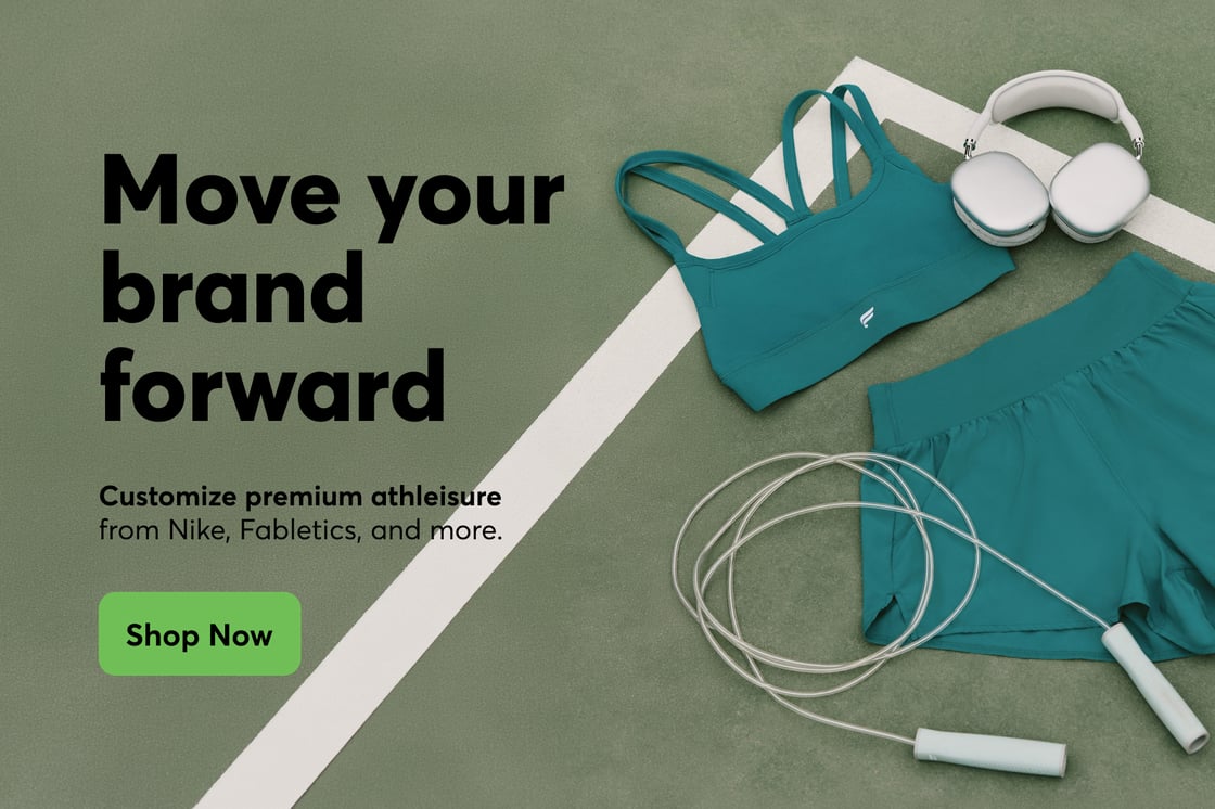 Custom Athleisure by Fabletics, laid out on a tennis court, next to the title "Move Your Brand Forward."