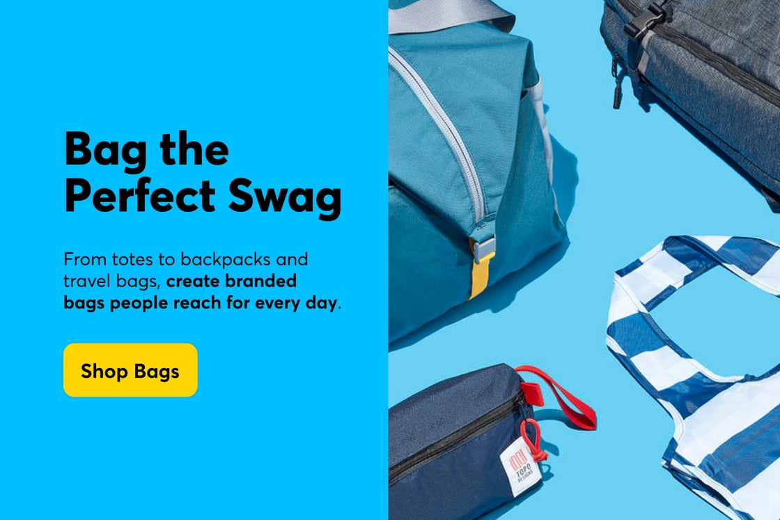 A blue background with backpacks and tote bags laid flat. Next to it is text that reads "Bag the Perfect Swag," with a button to Shop Bags below it.