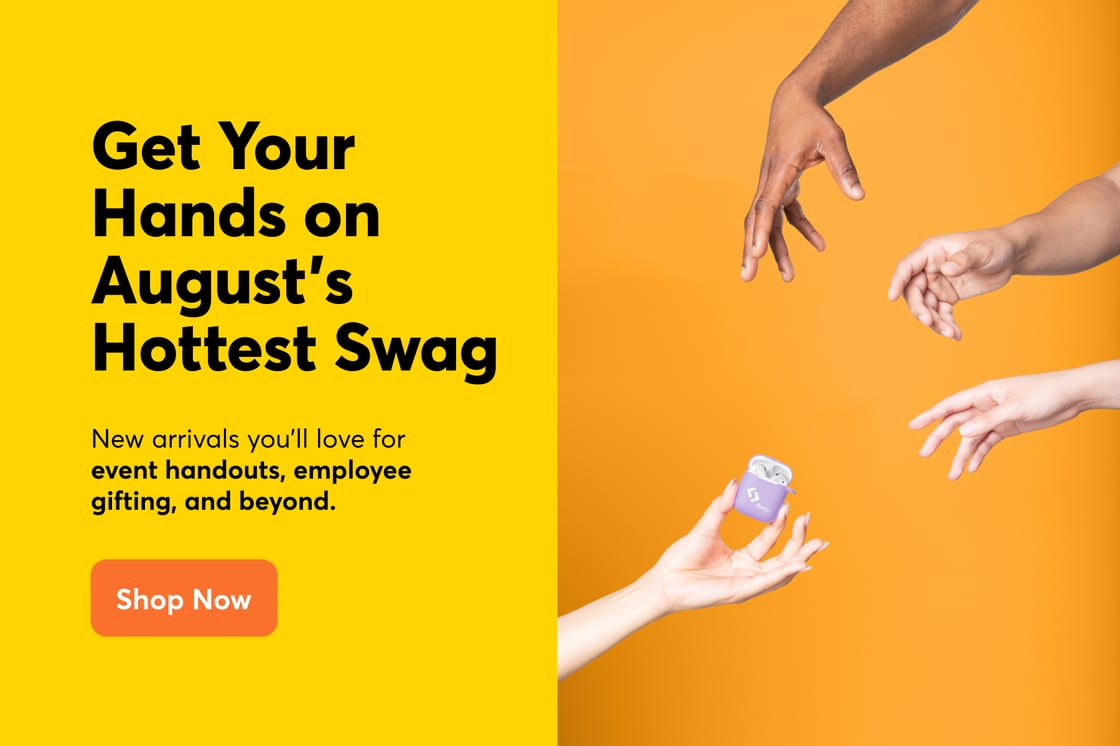 Hands reaching for a custom pair of Apple AirPods on an orange background. Text that reads "Get Your Hands on August's Hottest Swag" with a button that says "Shop Now."